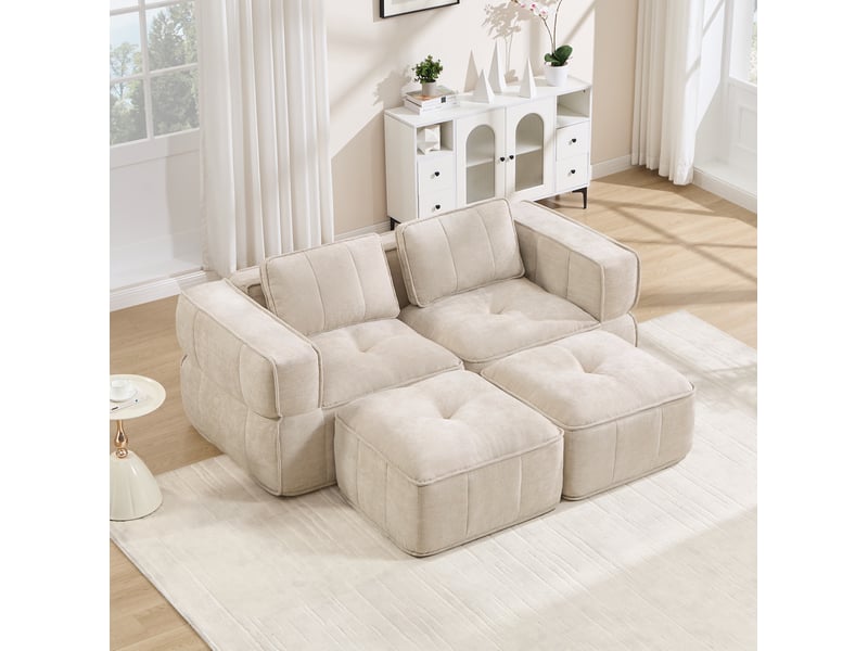  Canapé modulaire 2 places avec deux poufs, assise profonde et mousse 32d, sans structure apparente en polyester beige  - Conforama B