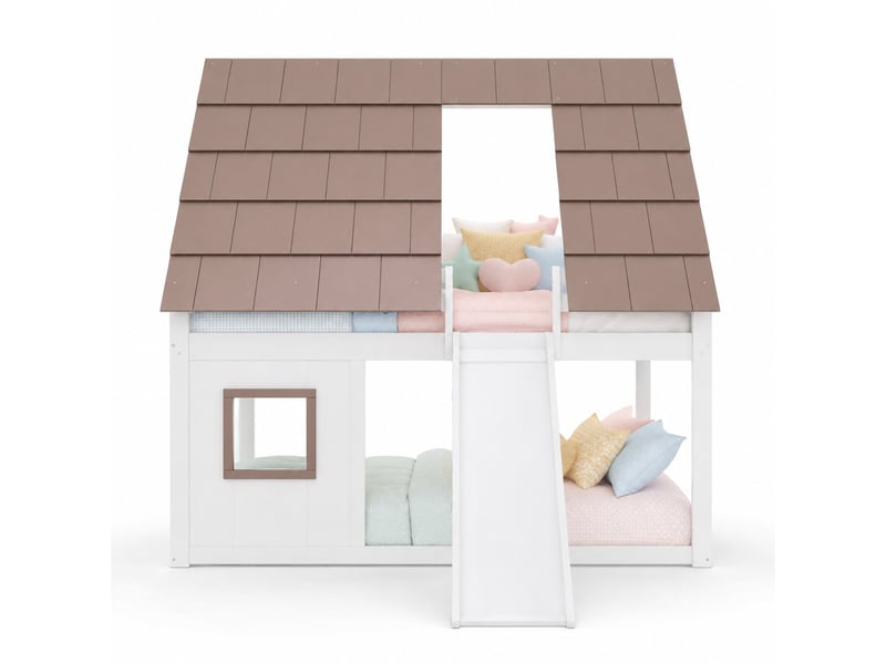 Lit superposé enfant 200×140 cm en forme de maison avec toit, échelle et toboggan, blanc et marron - Conforama A