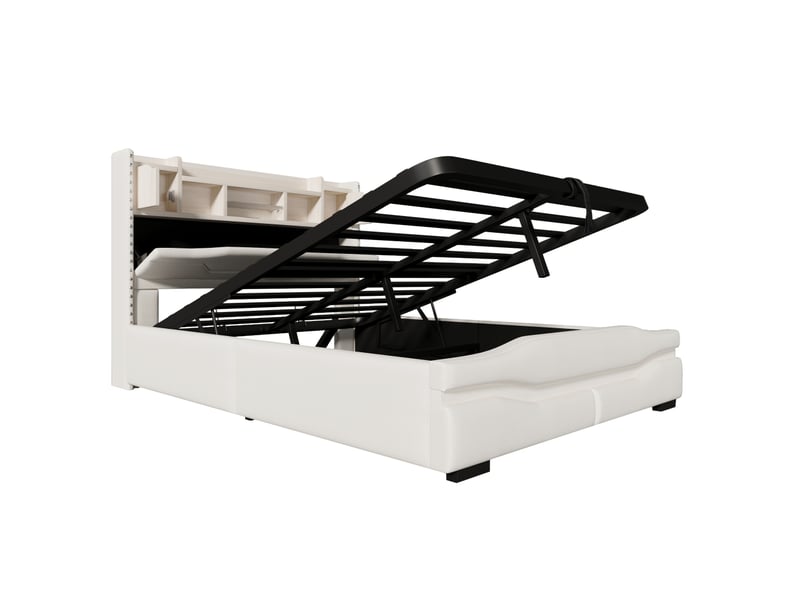  Lit rembourré, 140 x 200 cm, avec prise de chargement usb-c, éclairage d'ambiance sous le lit, tête de lit avec compartiment de rangement, lit coffre hydraulique, sans matelas, avec éclairage led, beige  - Conforama E