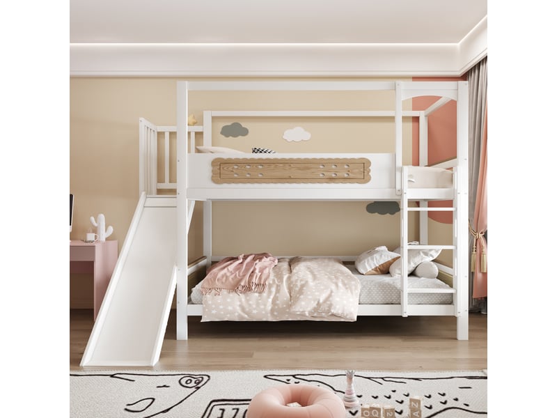  Modenvie lit superposé enfant 90x200 cm - avec toboggan, échelle large et barrières de sécurité - blanc et naturel  - Conforama B