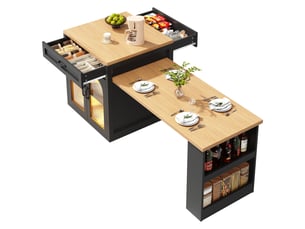 Îlot de cuisine extensible led 126-196x59x94 cm, meuble de cuisine avec 2 tiroirs, étagères réglables, portes en verre cannelé, mdf, noir