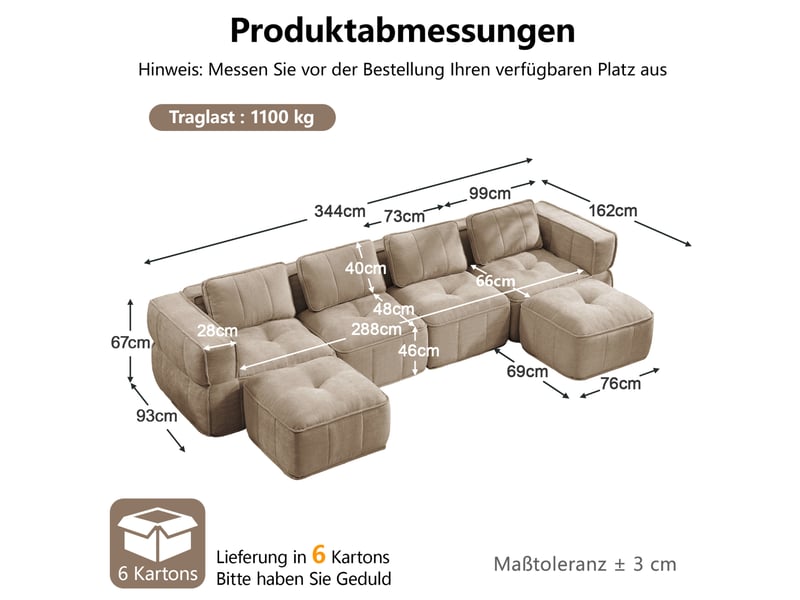  Canapé modulaire en u 4 places 344x162x67 cm sans cadre avec 2 poufs beige  - Conforama E