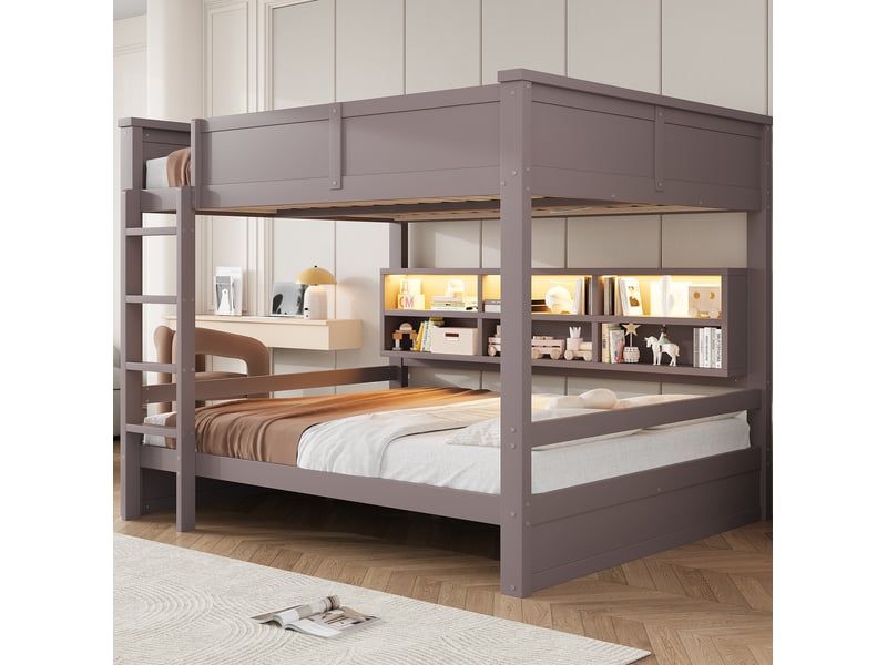 Lit superposé 160x200 cm avec 6 rangements, led intégrée et échelle, marron - Conforama B