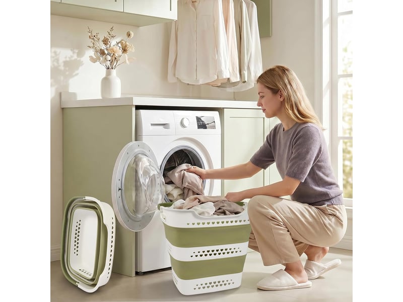 Lot de 2 paniers à linge pliables 42 l, corbeilles en plastique avec poignées, gain de place pour vêtements, vert - Conforama B