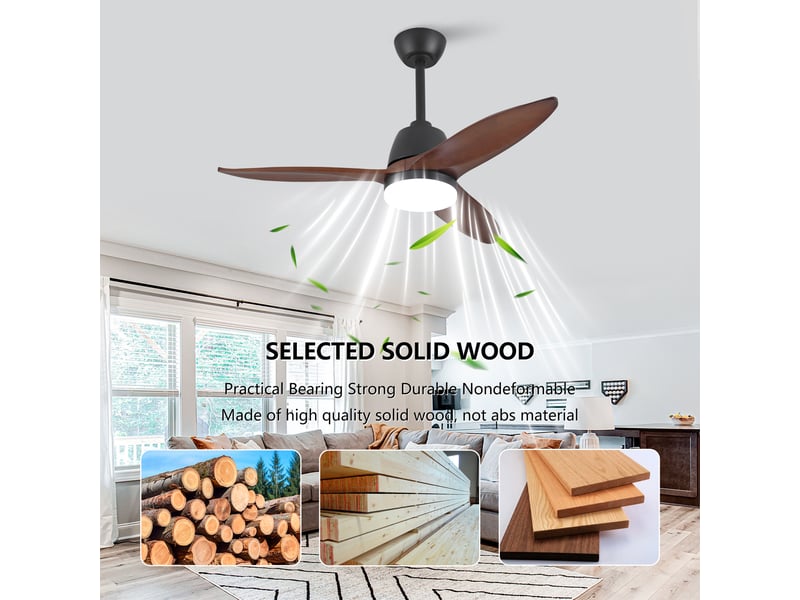  Ventilateur de plafond 107 cm éclairage led 3 couleurs dimmable bois massif noir et noyer foncé réversible silencieux  - Conforama D