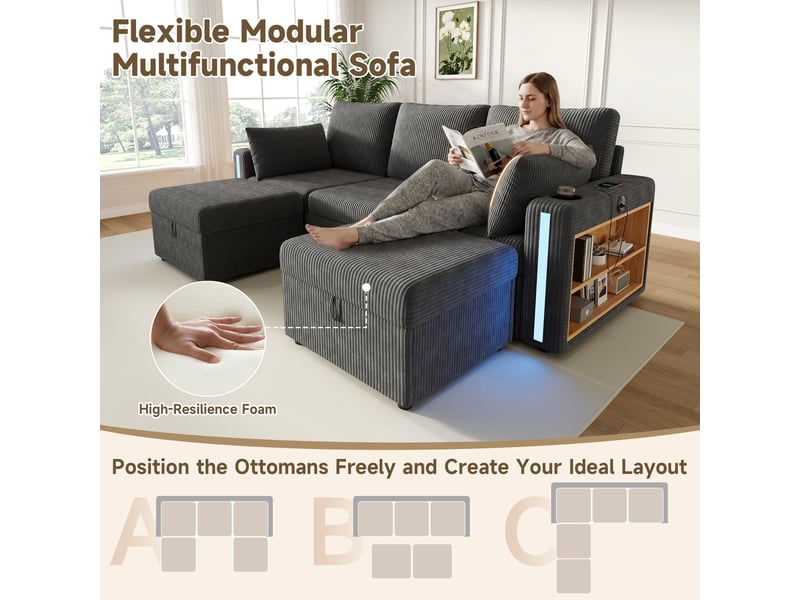  Canapé modulaire u ou l 5-6 places avec led et ports usb - lpospi - rangements en velours côtelé gris  - Conforama E