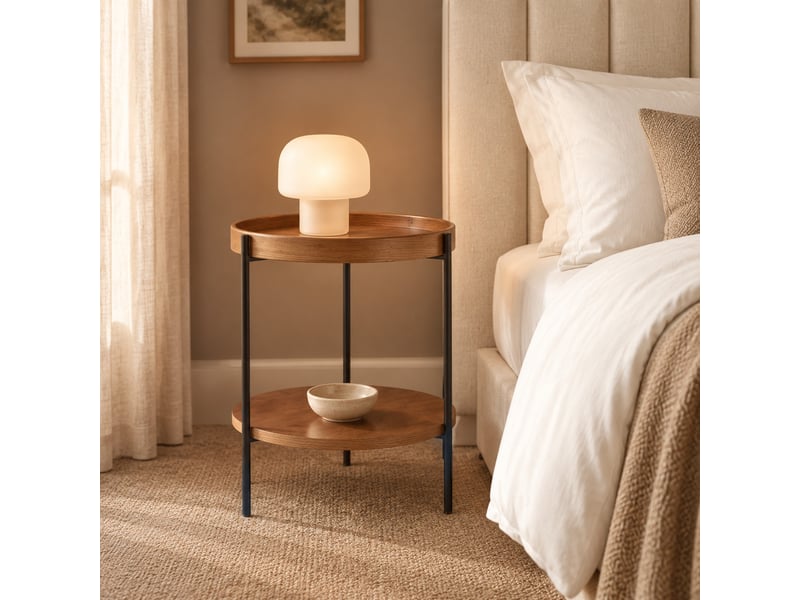  Bout de canapé rond 2 niveaux 44x44x48 cm mdf et métal finition noyer  - Conforama C