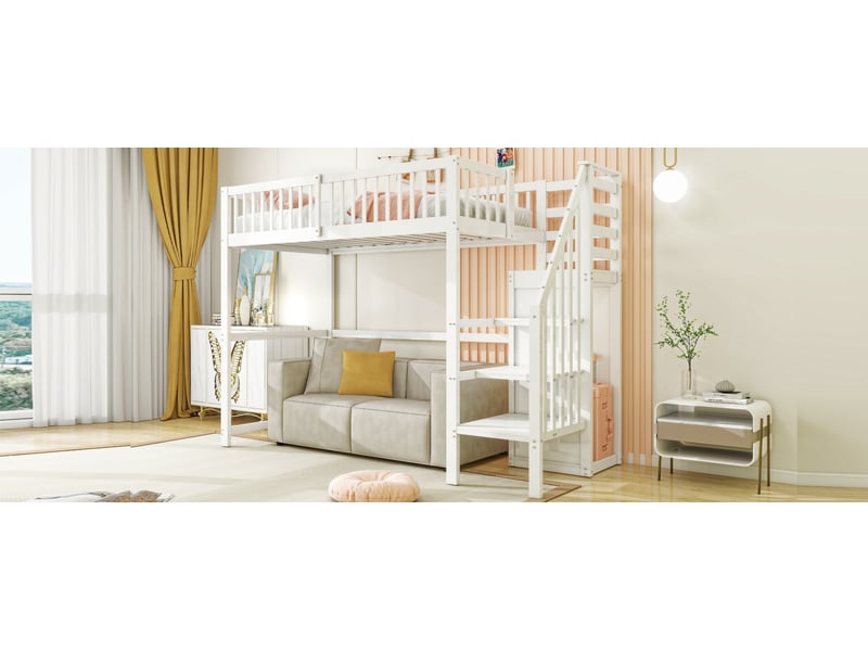 Lit mezzanine enfant simple 90×200 cm avec escalier, armoire et étagères - sans matelas, bois - blanc - Conforama E