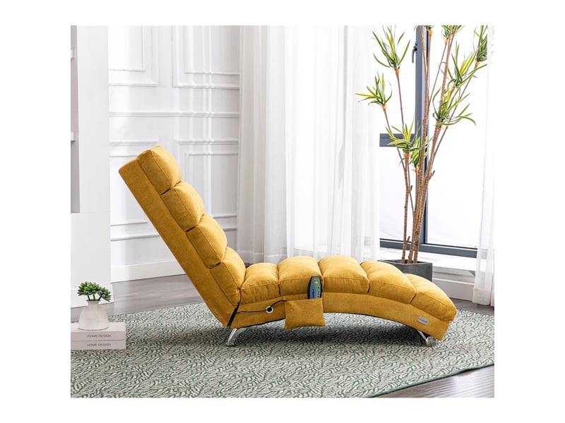 Chaise longue relax fixe vibrante en tissu effet lin avec poche latérale, jaune moutarde, 55 x 148 x 84 cm Fay Lum - Conforama D