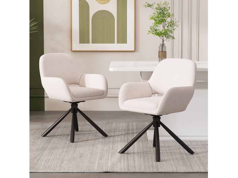  Chaises de salle à manger pivotantes avec accoudoirs, lot de 4 au design moderne en tissu sherpa blanc  - Conforama E
