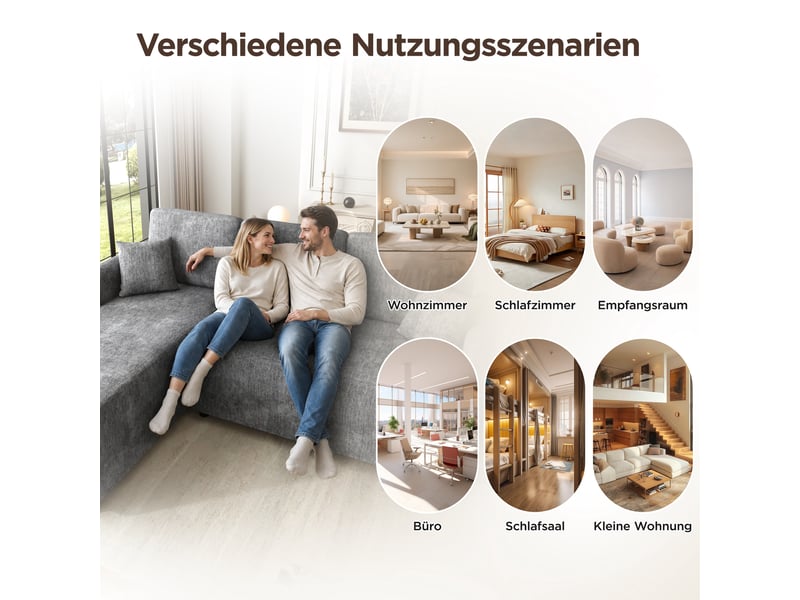 Canapé d'angle en l moderne, canapé 3 places gris avec méridienne 144cm, revêtement en tissu chenille résistant et mousse haute densité. - Conforama E
