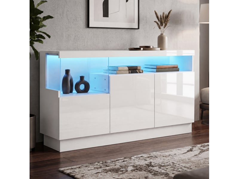  Buffet 140x36x80 cm avec éclairage led contrôlé par application, panneau de particules blanc  - Conforama B