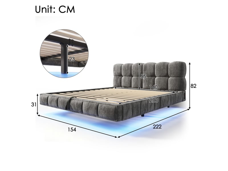  Lit coffre 140x200 cm avec rangement hydraulique, led, usbtype-c, sommier à lattes, design bubble en chenille, gris, sans matelas  - Conforama C