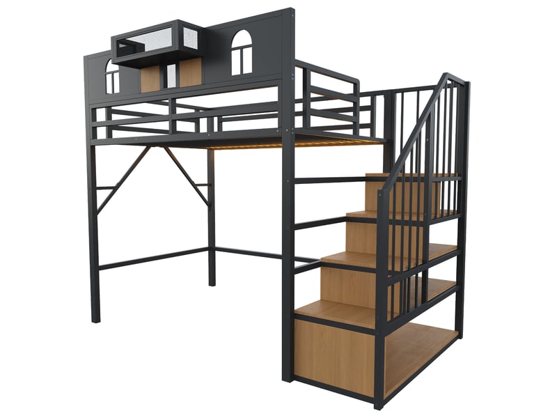  Lit mezzanine avec échelle de rangement, métal noir, 90 x 200 cm, led, fenêtre et garde-corps  - Conforama E