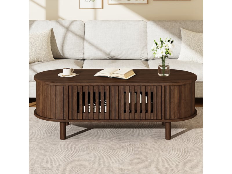  Table basse ovale 100x40x38 cm finition noyer, portes à lamelles, porte coulissante et pieds en bois massif Fay Lum - Conforama B