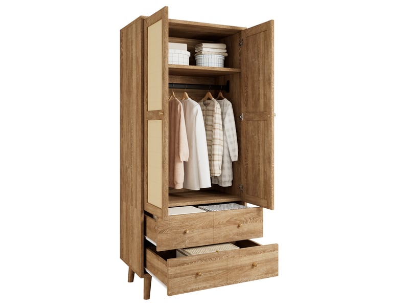 Armoire 2 portes 80 x 50 x 180 cm en mdf avec penderie, étagère, 2 tiroirs, façades effet rotin et pieds surélevés - effet noyer Fay Lum - Conforama A