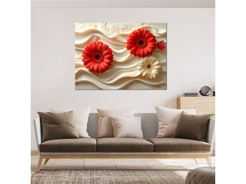 Tableau moderne, gerbera rouge sur fond ondulé 90x60 1328140460 - Conforama B