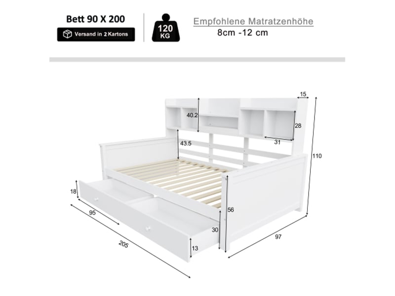  Canapé-lit 90x200 cm avec tiroirs et étagères – lit enfant bois massif blanc  - Conforama C