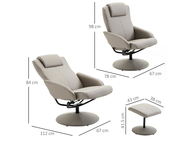  Fauteuil inclinable relaxant avec repose-pieds assorti et revêtement en similicuir, 71 x 78 x 101 cm, gris  - Conforama E
