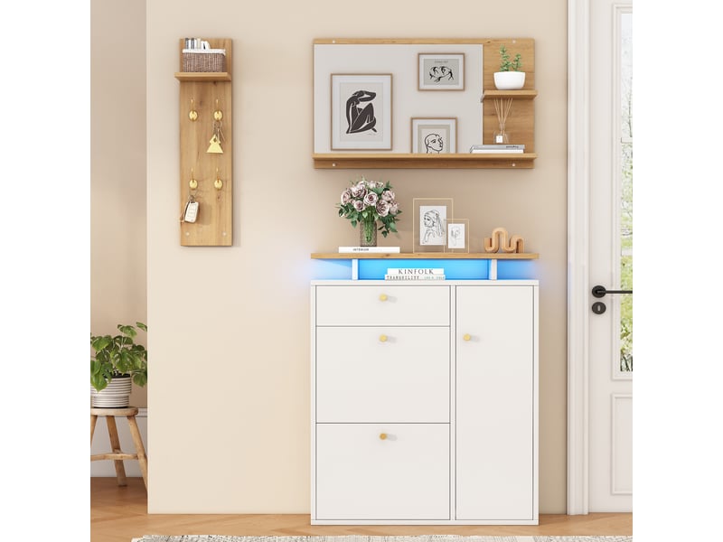  Meubles d'entrée avec miroir, étagère, meuble à chaussures 3 niches, 4 crochets et led pour entrée 105×25×151,5 cm  - Conforama C