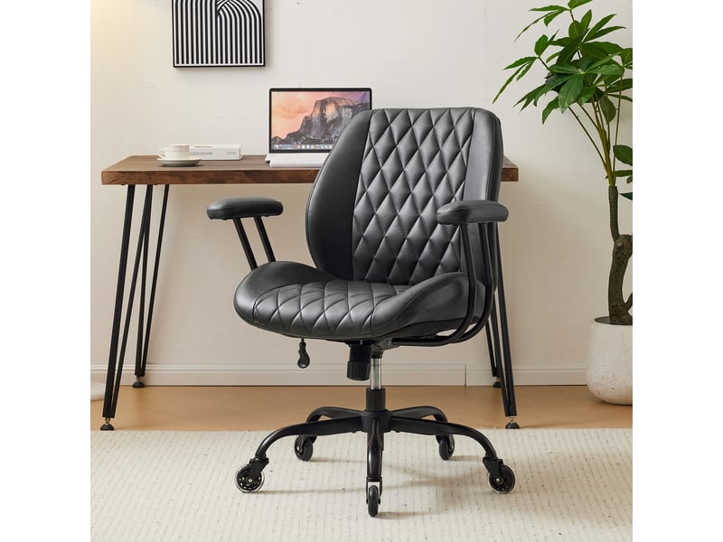 Chaise de bureau ergonomique avec soutien lombaire, hauteur réglable, roulettes silencieuses en cuir noir - Conforama B