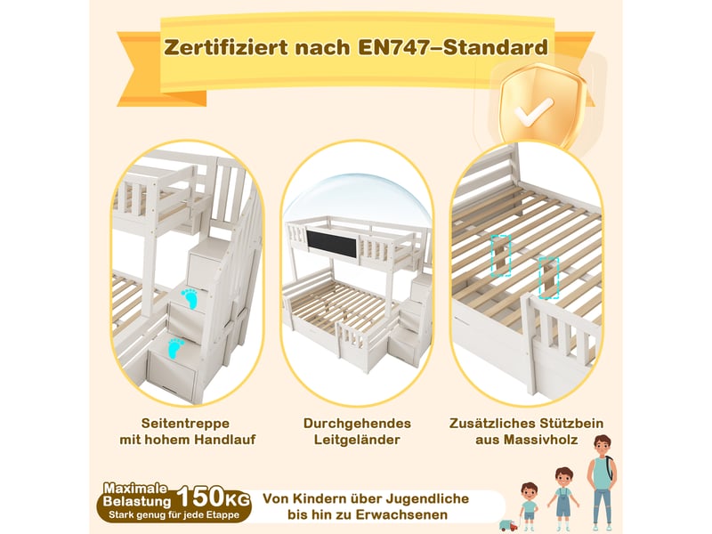  Lit superposé pour 3 enfants 90x200 et 140x200 en bois massif blanc avec tableau à craie et escalier de rangement  - Conforama E