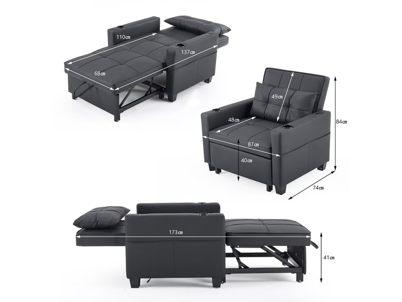  Canapé convertible 3-en-1 avec dossier réglable, porte-gobelets et poche latérale, en bois et métal, noir  - Conforama D
