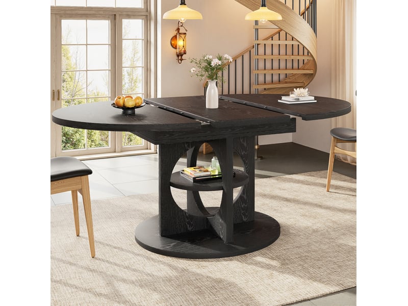  Table de salle à manger extensible avec étagère intégrée, ronde à ovale, pour cuisine et salle à manger, en mdf noir  - Conforama C