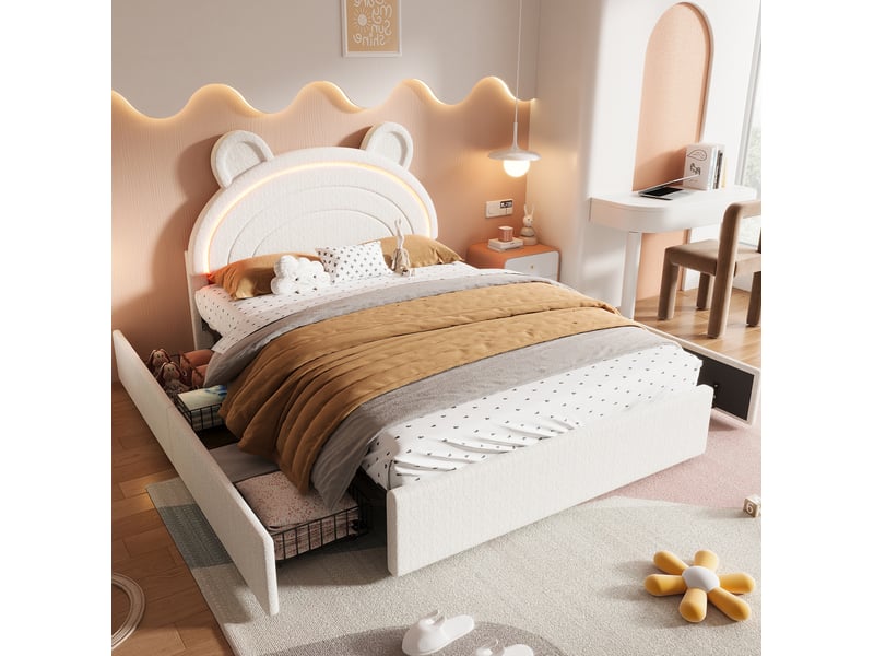  Lit enfant 140x200 cm en velours beige, tête de lit ours, 4 tiroirs, led pilotée par appli, sans matelas  - Conforama B