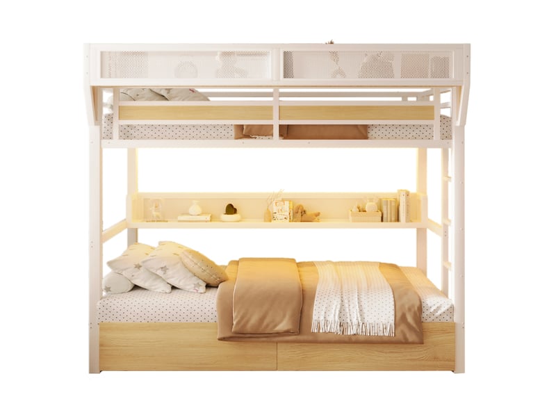  Lit superposé enfant 90x200 cm – blanc – métal et mdf, led, 2 tiroirs, rangements intégrés sans matelas  - Conforama A