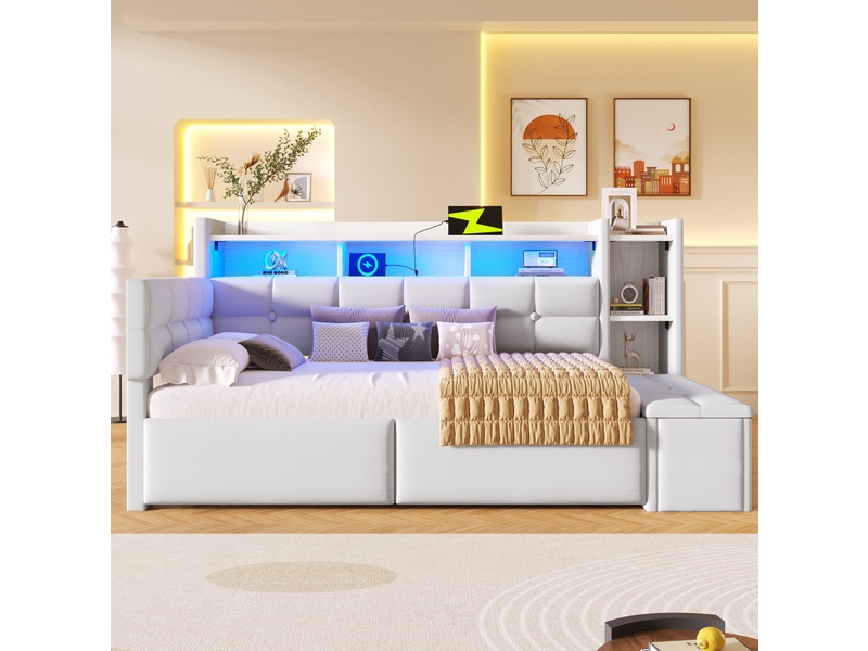  Modenvie lit banquette 90x190 cm - velours, led multicolore et ports usb-c, sans matelas - blanc  - Conforama D