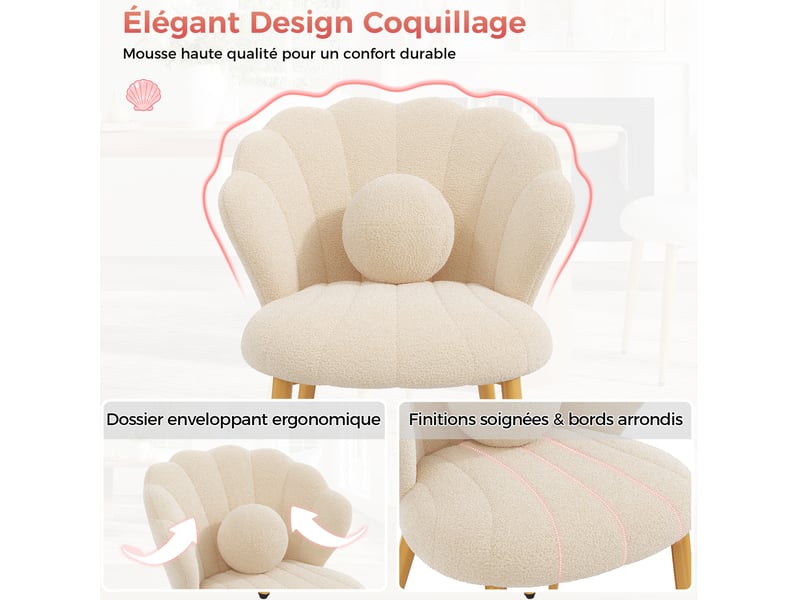  Lot de 4 chaises de salle à manger 60x62,5x83 cm, dossier coquillage, coussins, tissu teddy, pieds dorés, beige  - Conforama E
