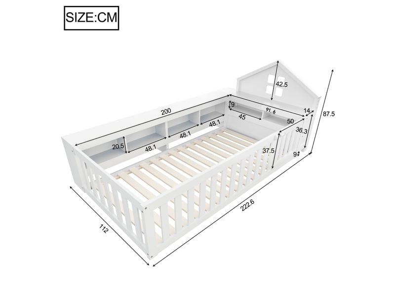 Lit enfant avec rangement 90x200 cm, barrière de sécurité, bois massif blanc, avec sommier - Conforama C