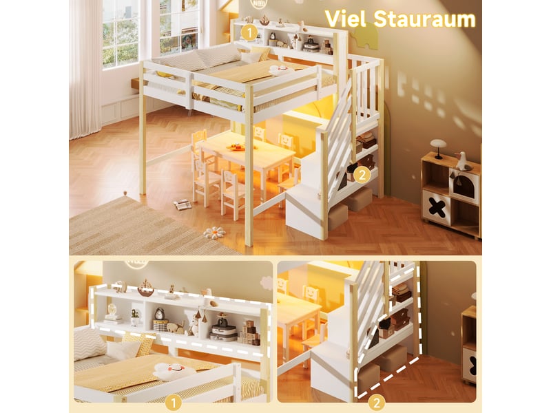  Lit superposé 140x200 cm, lit enfant, rangement, échelle sécurisée, led, bois de pin blanc et naturel  - Conforama W