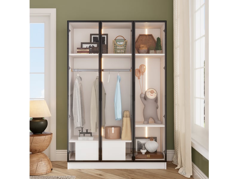  Armoire 110x50x160 cm 3 portes vitrées led panneau de particules blanc  - Conforama C