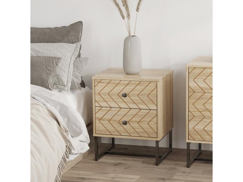  Table de chevet table de nuit style graphique 48l x 39,5l x 60h cm 2 tiroirs métal noir panneaux particules mdf imitation bois clair  - Conforama B