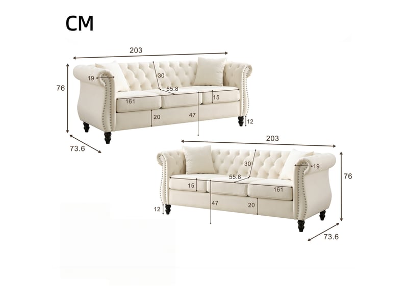  Canapé droit de style chesterfield en velours, pieds en bois d'hévéa en forme de bouteille, capitonnage à boutons, 6 places, 76 x 73,6 x 203 cm, beige  - Conforama C
