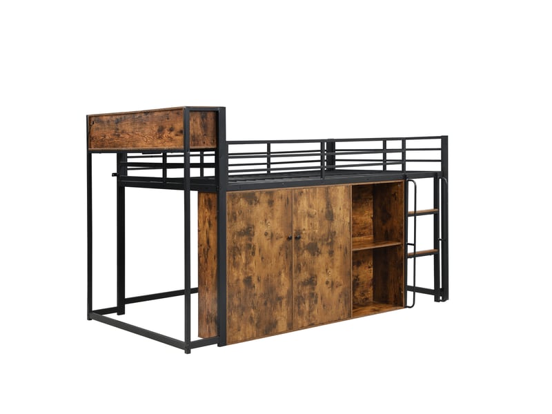  Lit mezzanine 120x200 cm avec rangement, led et prise, métal noir + décor bois, sans matelas  - Conforama E