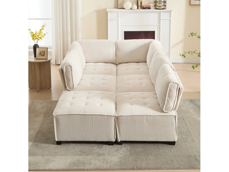 Canapé modulaire 6 places 308x154x81,99 cm poches latérales velours côtelé beige - Conforama C