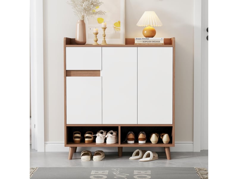 Meuble à chaussures 90x35x99 cm avec portes, niches ouvertes, étagères réglables et pieds en bois - Blanc et naturel Fay Lum - Conforama B