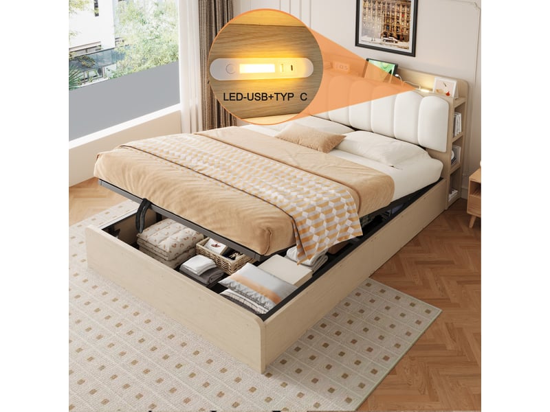  Lit coffre 140x200 cm, lit double, rangement hydraulique, étagères, port usb, tête de lit rembourrée, veilleuse, bois naturel  - Conforama E