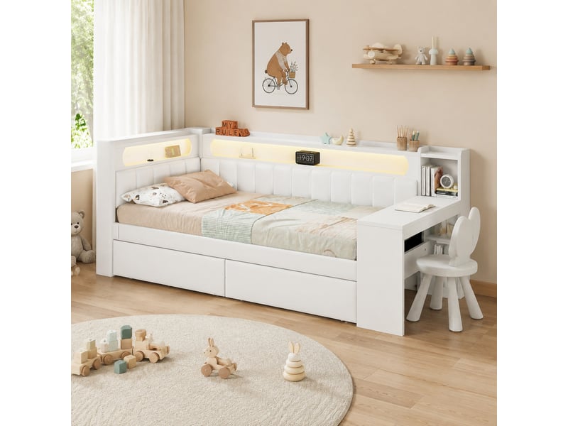  Lit banquette 90x200 cm avec bureau, led, usb et 2 tiroirs blanc  - Conforama B
