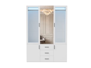 Armoire blanche 3 portes vitrées, miroir fixe central, 3 tiroirs, éclairage led, élégance et fonctionnalité