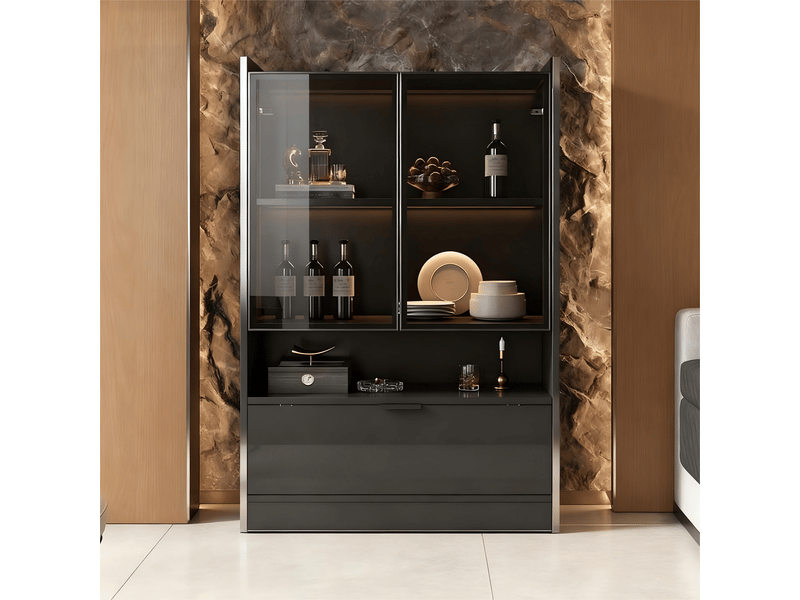  Vitrine 80x35x120 cm en panneau de particules noir mat, led multicolore via app, portes en verre trempé et porte abattante - noir  - Conforama D