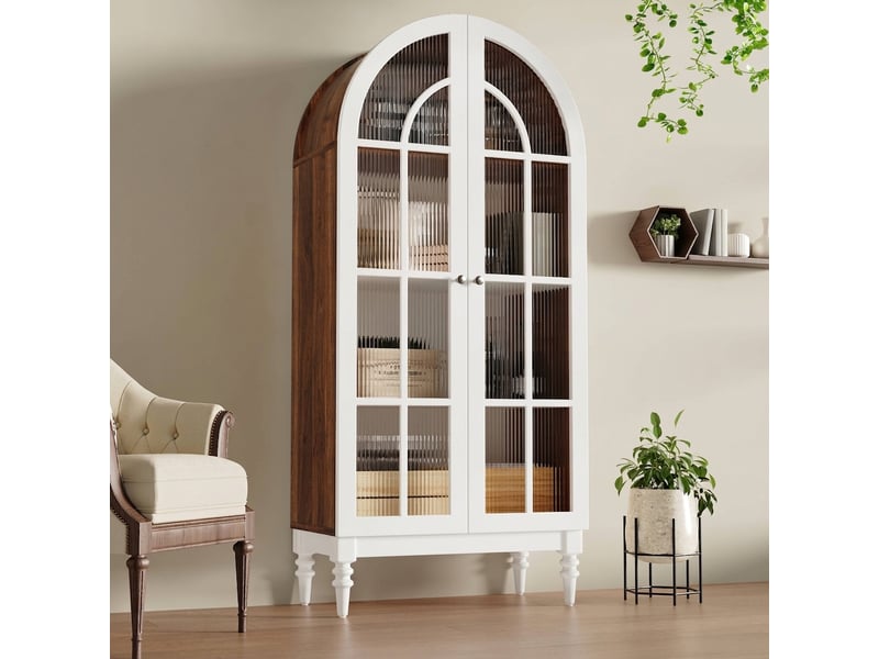  Buffet de cuisine vitrine 165 cm avec portes en verre cannelé, finition noyer et blanc  - Conforama B