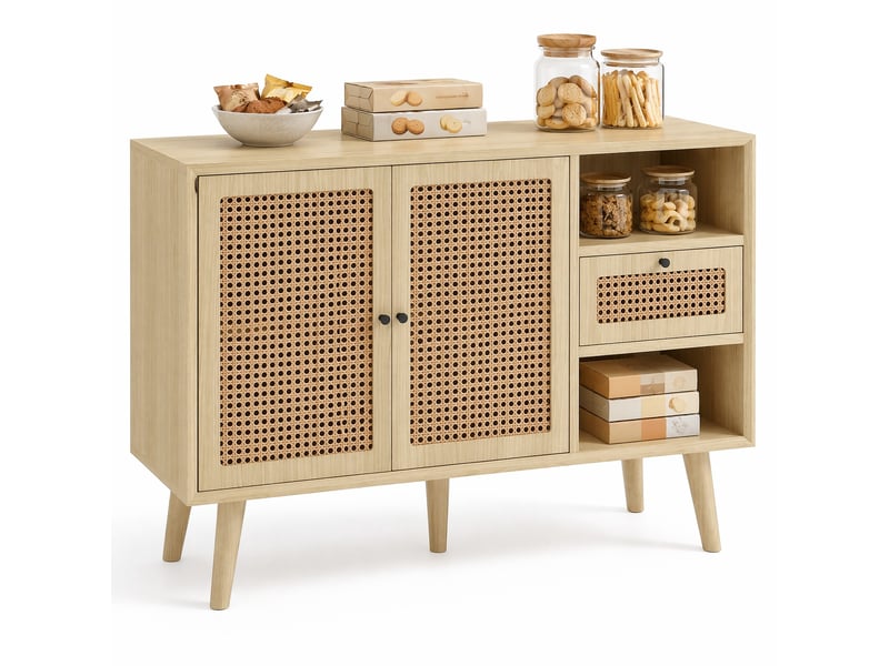  Buffet bas en mdf effet chêne – 2 portes magnétiques, 1 tiroir et cannage – 120 x 40 x 80 cm  - Conforama A