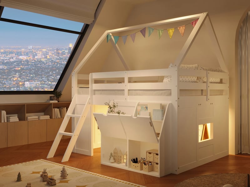  Lit mezzanine 140x200cm avec escalier, éclairage led, avec couvercles rabattables et sacs en tissu, blanc  - Conforama B