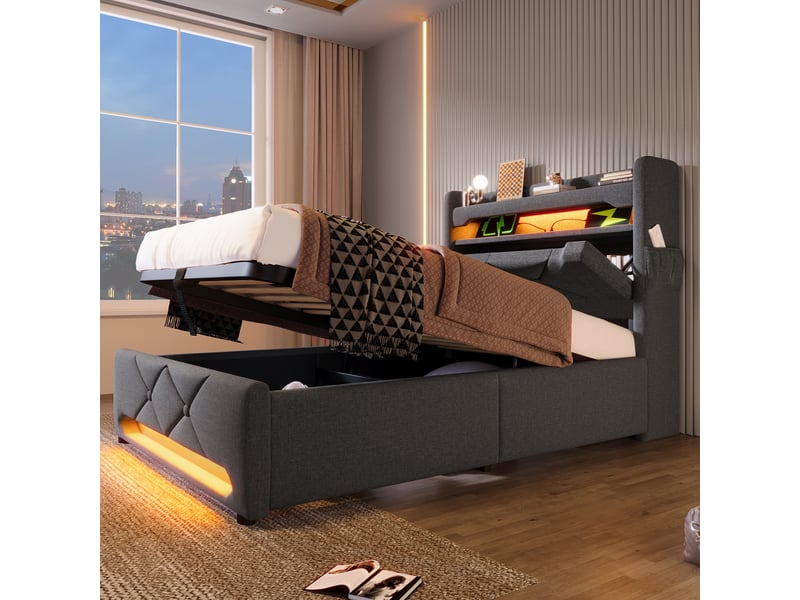 Lit coffre rembourré 90 x 200 cm avec rangement hydraulique, tête de lit avec rangement, ports usb et type-c, éclairage led 360°, lit simple en lin, gris, sans matelas evarich - Conforama E