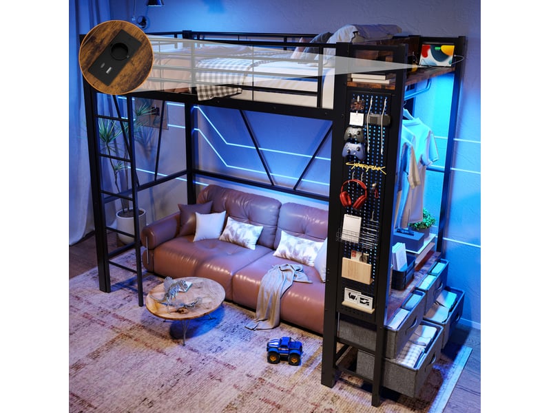  Lit mezzanine 90x200 cm en métal et mdf avec rangements, led et échelle, noir  - Conforama E