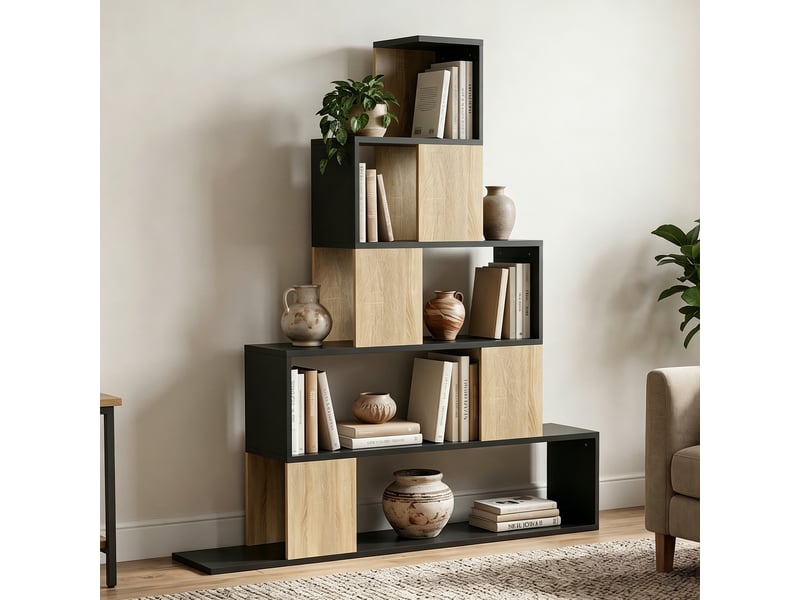 Étagère de rangement, bibliothèque géométrique à 5 niveaux, pour bureau, salon, chambre, noir et bois naturel - Conforama C